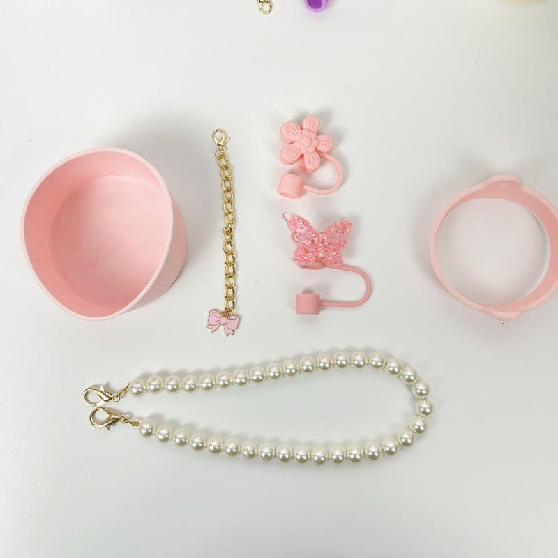 Wholesale 6pcs/pack silicone cup cover,  protective cover,  straw cap,  decorative lanyard,  pearl hand rope